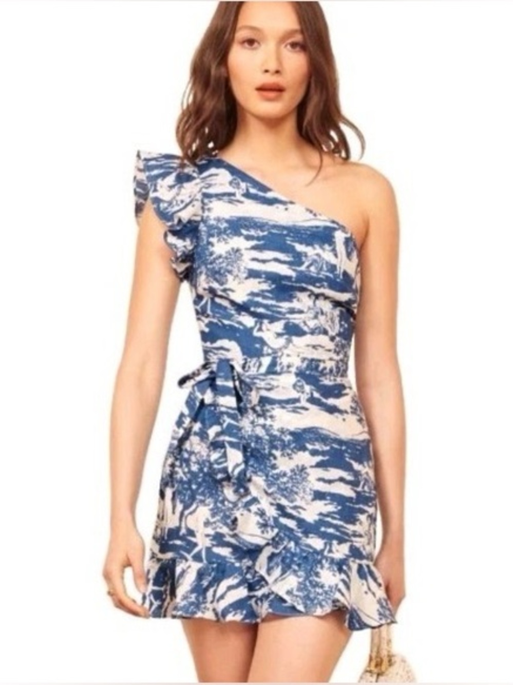 Reformation Toscana One Shoulder Wrap Linen Mini Dress Blue White Size 4